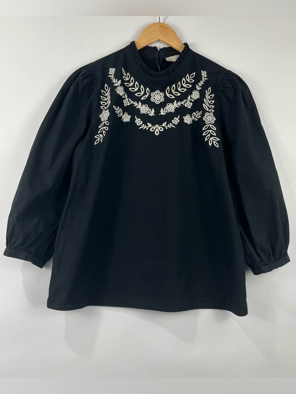 LOFT 100% Cotton Embroidered Cottagecore Puff Sleeve Blouse S
